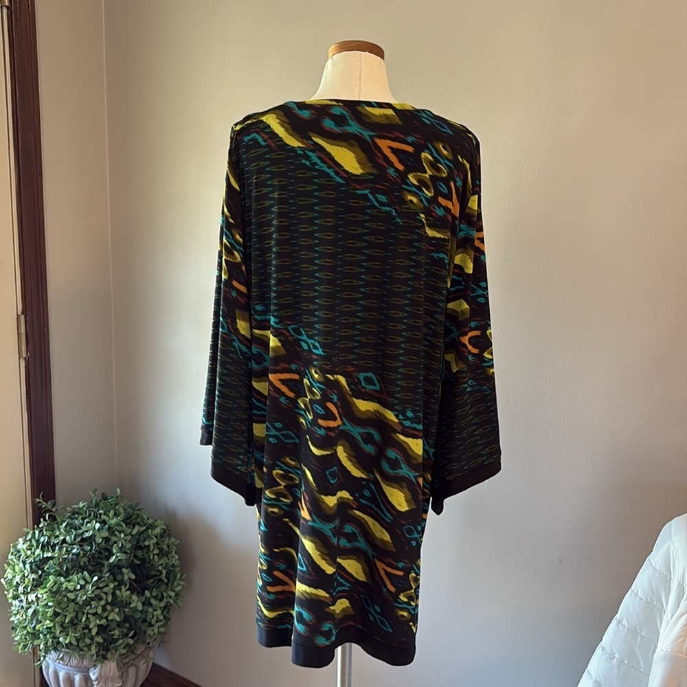 Soho Apparel Jersey stretch geometric casual dress bell long sleeves neon XL - Picture 2 of 11
